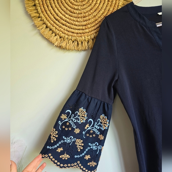 Chico's, Navy Blue Notch Neck Embroidered Eyelet Bell Sleeve Top, Size Large 2 - Picture 4 of 11